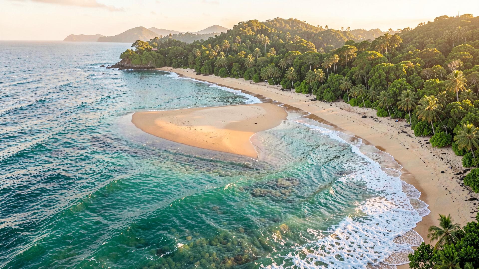 Playa de Uvita, Costa Rica, con la cola de ballena de arena visible en marea baja